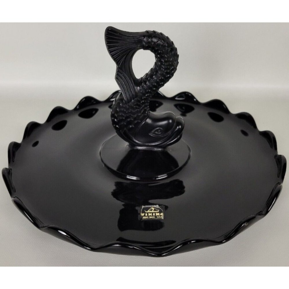 Vintage Viking Glass Black‎ Amethyst Dolphin Fish Serving Tray Platter 11"